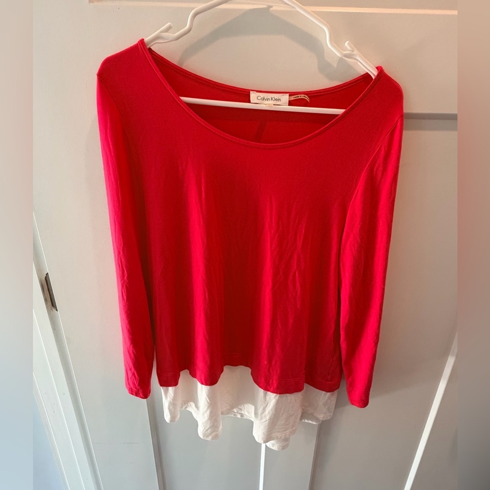 Calvin Klein Medium Red Layered Long Sleeve Top Womens Casual Blouse